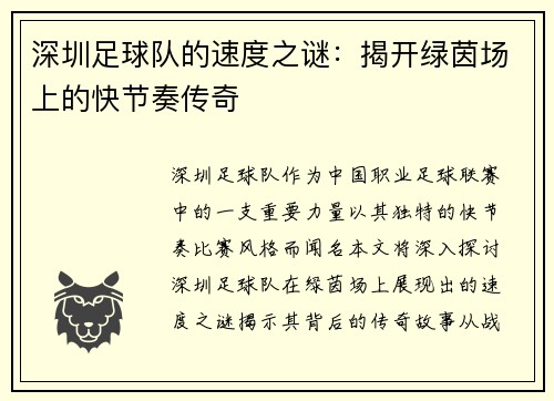 深圳足球队的速度之谜：揭开绿茵场上的快节奏传奇